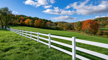 Fototapeta premium A white fence lines a vibrant green field against a backdrop of colorful autumn trees. Perfect for agricultural and.