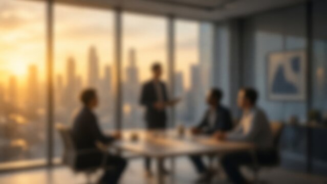 Business meeting in modern office building with city skyline at sunset, professional team discussing strategy