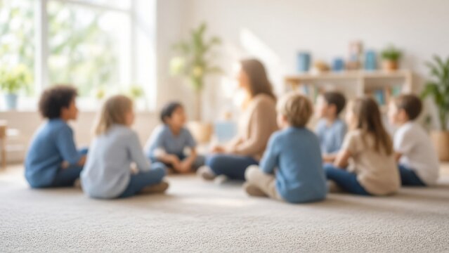 Teacher and diverse children sitting on floor in circle, listening to storytelling, learning together in classroom