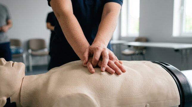 Close up of hands performing CPR chest compressions on a training mannequin. First aid and emergency life support training class