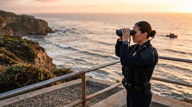 Female police officer looking through binoculars on coastal patrol. Law enforcement and security surveillance concept