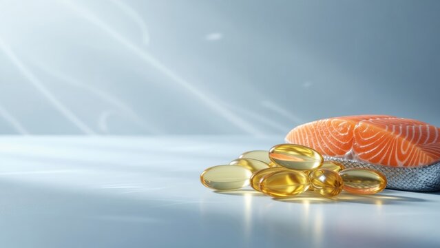 Omega 3 fish oil capsules and fresh salmon fillet representing healthy nutrition and dietary supplements