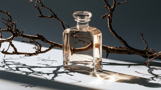 Perfume bottle sat with dry branch on gray background, creating long shadows.