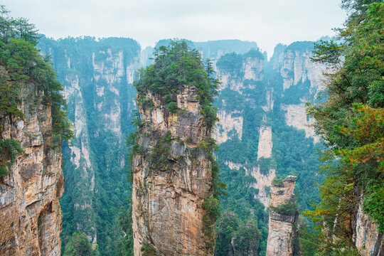 Towering sandstone pillar surrounded by dramatic forested cliffs and misty mountain peaks in Yuanjiajie scenic area of Zhangjiajie National Forest Park landscape, Hunan, China. Travel and tourism