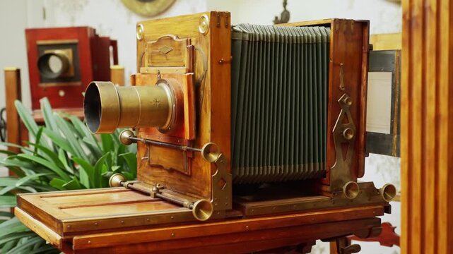 Antique wooden large format plate camera with bellows