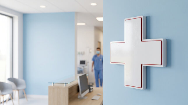 Medical cross symbol on wall in modern hospital clinic reception interior