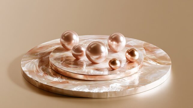Elegant mother-of-pearl platform holds pink gold pearls. This luxury pedestal displays beauty products on a gold background.