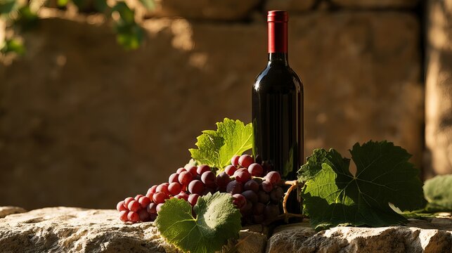 Red wine bottle, grapes, and leaves sit on old stone. You can add your own text here.