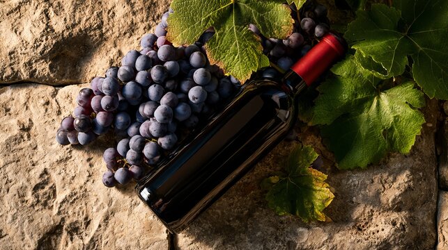 Red wine bottle, grapes, and leaves sit on old stone. You can add your own text here.