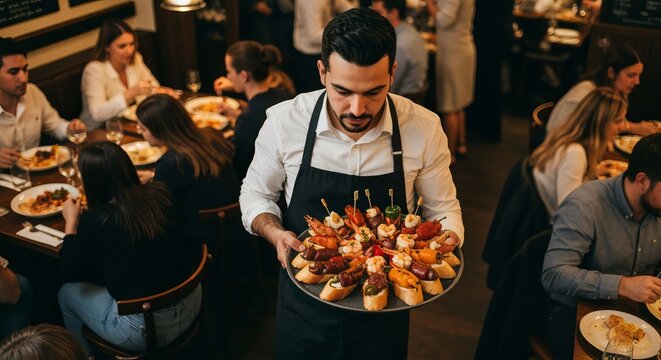 Waiter carrying a tray of colorful tapas through a bustling bistro