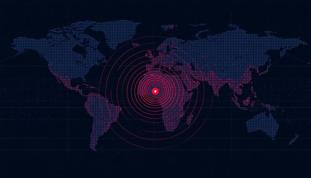 Vector illustration of world map showing earthquake epicenter and seismic ripples.