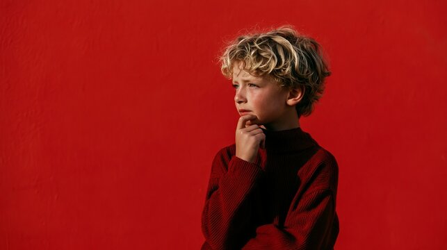 Boy ponders by bright red wall.