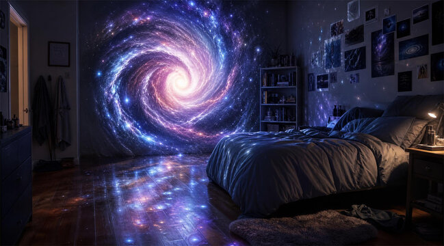 A photorealistic bedroom where a swirling, glowing cosmic galaxy portal is open on the wal