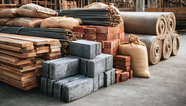 Variety of construction materials on concrete floor at building site. Red bricks, grey cement blocks, wooden planks, metal rebar rods, sand sacks, insulation rolls stored outdoors. Industrial