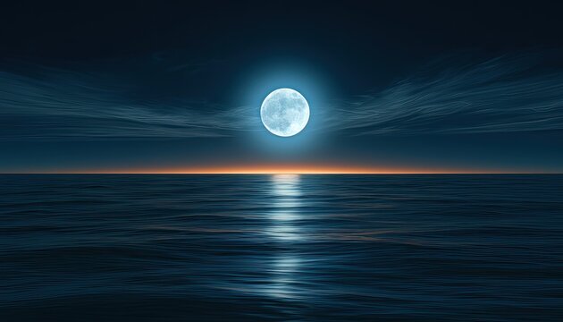 Full moon illuminates a calm ocean with a faint horizon glow