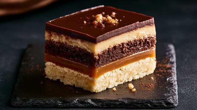 Rich dessert, chocolate, caramel, cream layered, rests on dark slate.