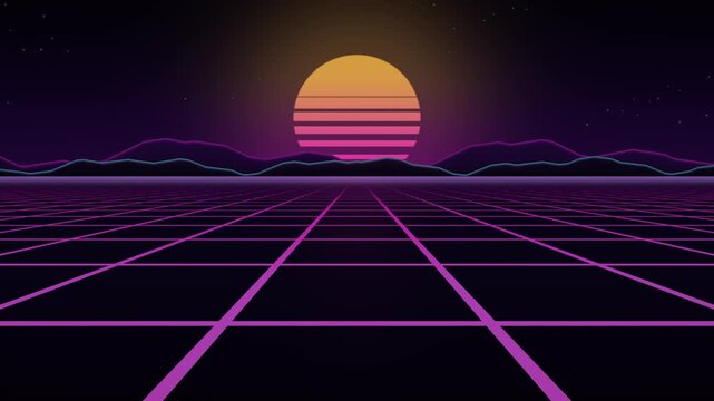 Retro synthwave sun over a neon grid horizon drive.