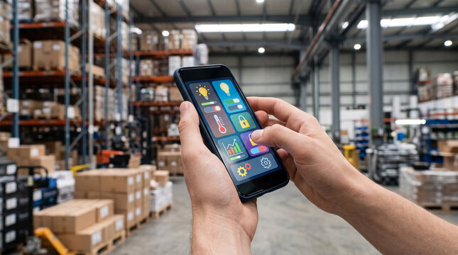 Man uses smartphone app to monitor smart warehouse inventory and equipment
