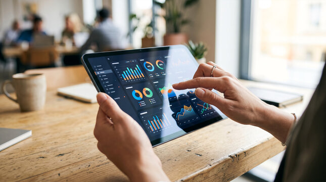 Person analyzing financial charts on tablet in office with blurred background