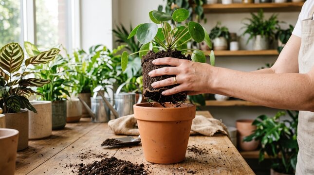 Woman holding a chinese money plant with exposed roots ready to be repotted into a terracotta pot