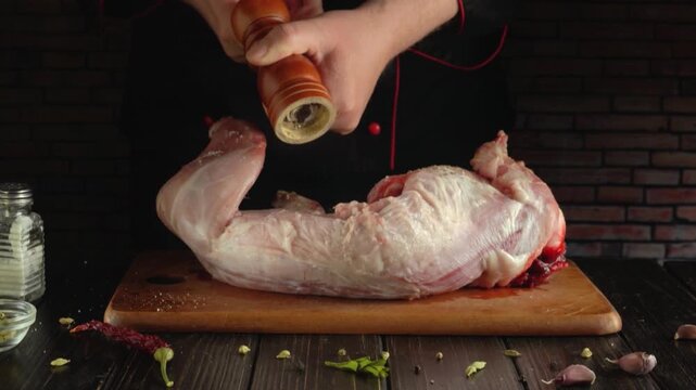 Chef in black uniform seasons raw meat on wooden cutting board with pepper grinder, showcasing a close-up view of the seasoning process in a rustic kitchen setting with brick wall background