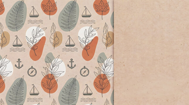 Nautical-themed illustration featuring leaves, boats, anchors, and compasses on textured background