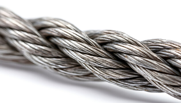 Twisted steel wire rope with multiple strands, industrial strength and connection concept, isolated on a clean white background