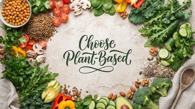 Fresh raw vegetables and legumes arranged around Choose Plant-Based text for World Vegan Day. Healthy organic food composition for nutrition, dieting, and sustainable lifestyle concept