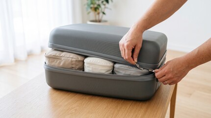Fototapeta premium Hands zipping up a modern grey hardshell suitcase filled with neatly organized packing cubes