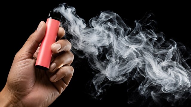 Vaping concept with hand holding electronic cigarette and dense white vapor on dark background for smoking awareness and health design