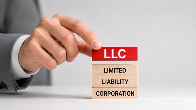 Professional business hand arranging wooden blocks labeled LLC and limited liability corporation for company formation and legal planning
