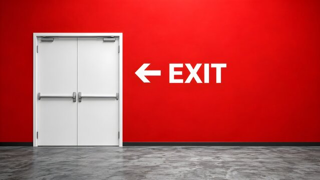 Red emergency exit concept with industrial door and bold directional arrow creating a high contrast safety, evacuation and security background