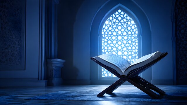 Open Quran on wooden stand inside a beautiful blue illuminated mosque interior representing faith, spirituality, Islamic culture and devotion