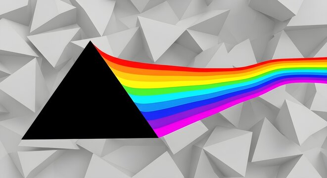 Rainbow spectrum light beam emerging from a black geometric triangle against a faceted gray background, symbolizing creativity and innovation