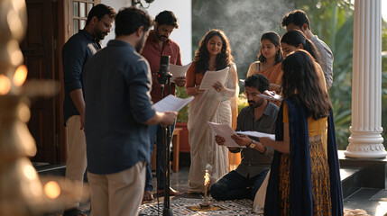 Fototapeta premium Dubbing studio voice actors gathered around a microphone in morning mist outside a home entrance adorned with fresh Diwali rangoli, intricate geometric patterns underfoot, the