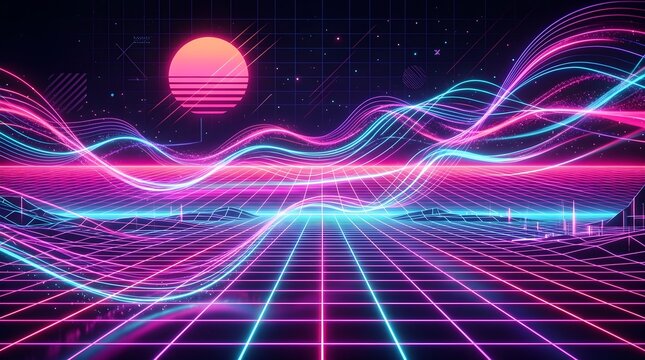 Futuristic neon landscape with glowing wave lines, digital grid and pink sun, creating a retro cyberpunk background for technology