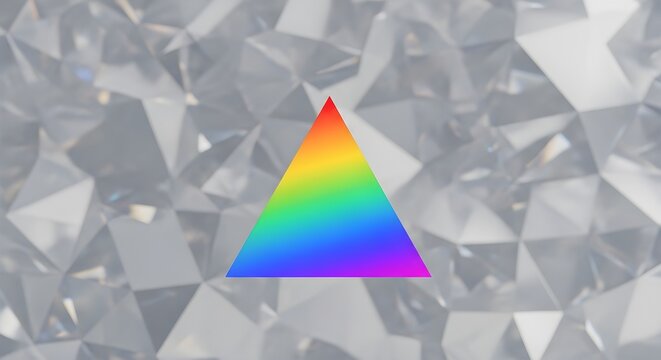 Minimal geometric composition featuring a vibrant rainbow triangle on a faceted silver background, symbolizing color, creativity and modern art