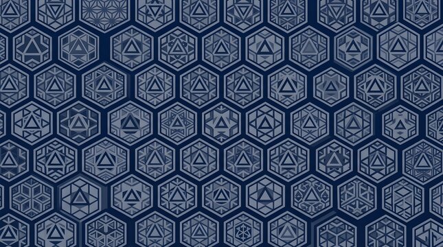 Dark blue seamless geometric pattern with intricate hexagonal motifs and ornamental details, creating an elegant decorative background