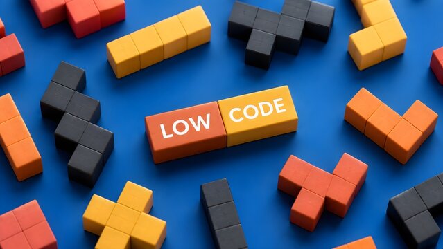 Colorful low code blocks arranged on dark surface representing software development, automation, programming, innovation and digital technology