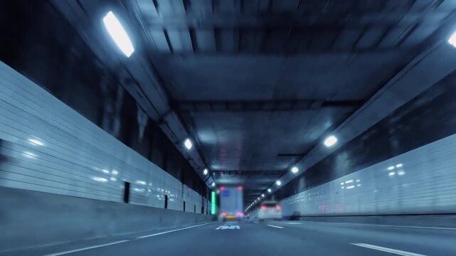 首都高速道路を走行する車からの景色、青空と道路