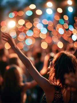 Concert crowd features woman dancing amid colorful lights and bokeh at outdoor festival night.