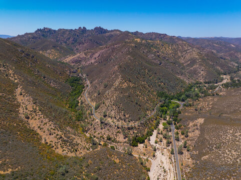 Pinnacles National Park aerial view, This park is located east of Salinas Valley in San Benito County, Central California CA, USA. 