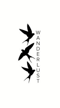 Minimalist wanderlust bird silhouette vector, flying swallows tattoo design, black avian flight graphic for travel branding