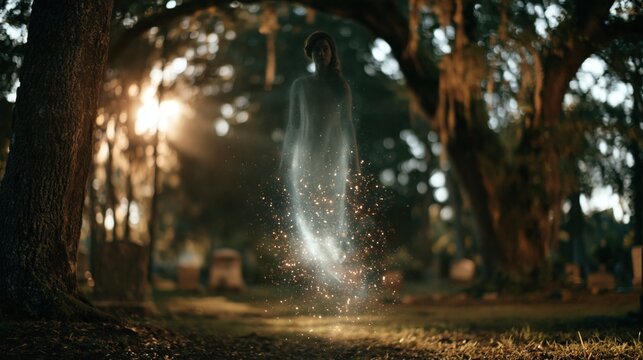 Ghostly figure floats in a graveyard among mossy trees with glowing particles and warm backlight, creating an eerie supernatural scene for horror and Halloween use.