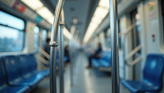Interior of empty subway train with metal poles and blue seats providing comfortable seating for passengers.