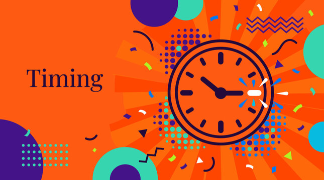 Timing concept illustration with orange clock and confetti