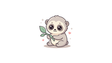 Fototapeta premium Gentle kawaii sloth character holding a green leaf.