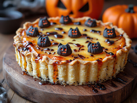 Premium Halloween pie decorated with dark chocolate bat or cats heads figures and caramel sauce drizzle on rustic wooden board. American carnival for Halloween celebrating concept with copy-space.