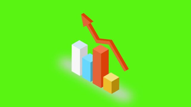 3D Business Statistics Bar Chart with Downward Arrow Showing Financial Decline, Falling Revenue, Market Loss and Negative Growth Data Visualization on Green Screen