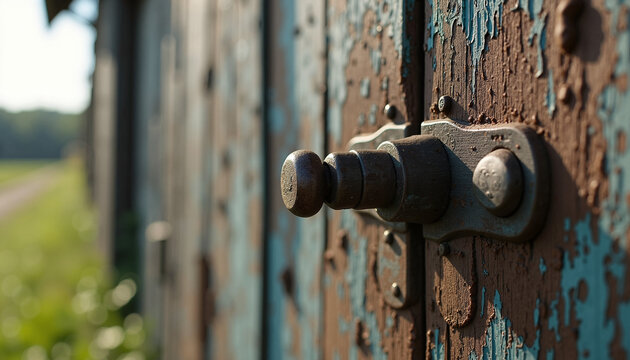Rustic latch on weathered wooden door with blue paint. Old latch details highlight rustic charm of abandoned barn, with focus on peeling paint and weathered textures.